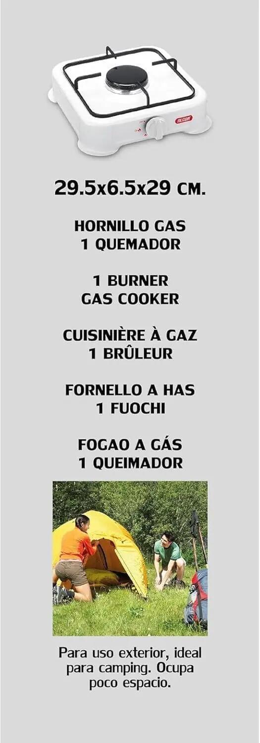 Hornillo de Gas 1 Fuego Cocina Portátil + Manguera de Presión, 28x28x7cm, Blanco 5/6