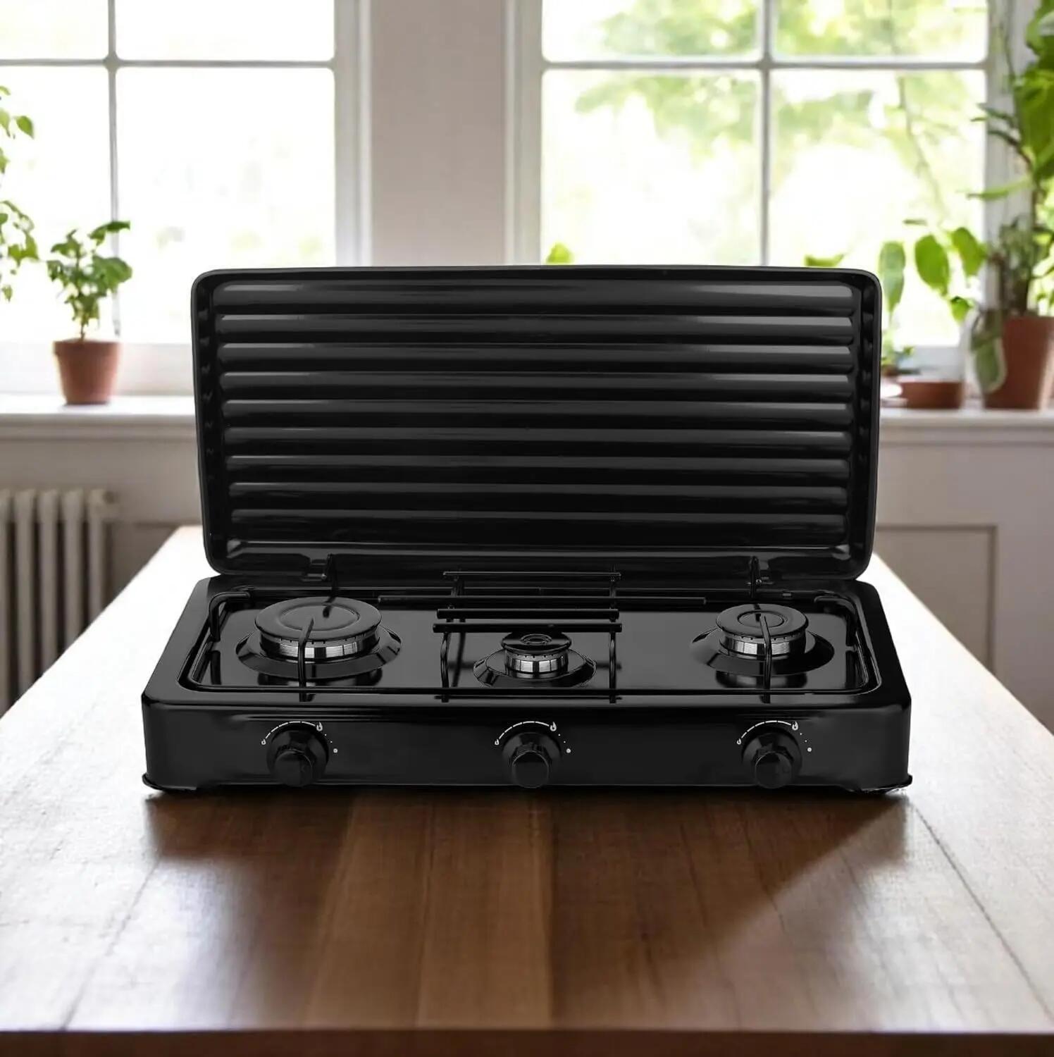 Cocina Hornillo de gas, 3 quemadores, 30 – 50 mbar, con tapa, manguera incluida 4/7