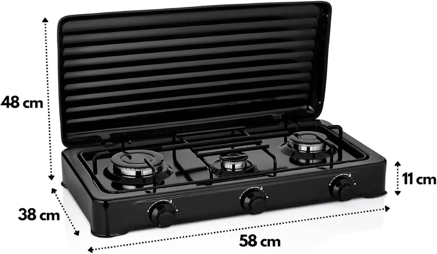 Cocina Hornillo de gas, 3 quemadores, 30 – 50 mbar, con tapa, manguera incluida 3/7