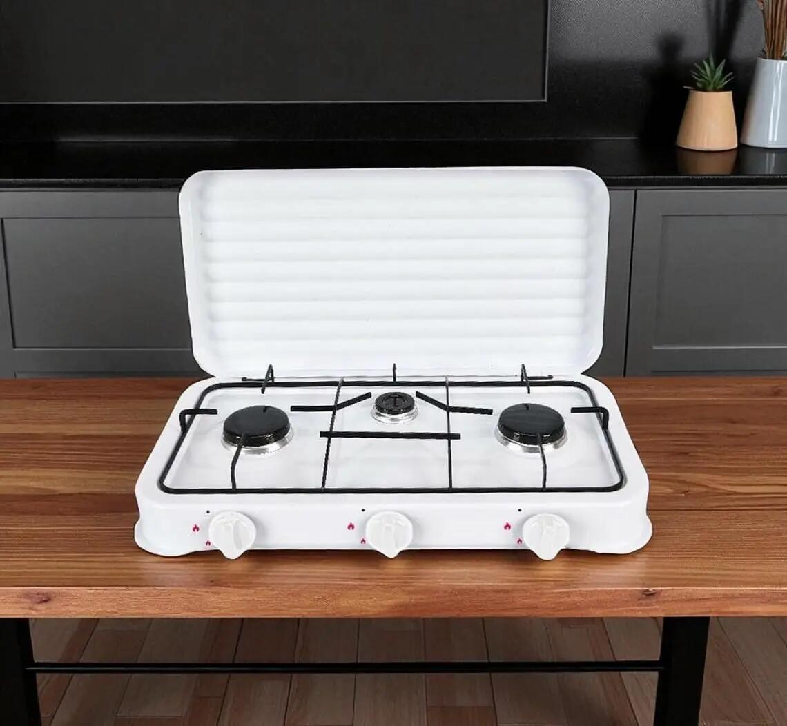 Cocina Hornillo de gas portatil con 3 quemadores, con tapa, manguera incluida 3/4