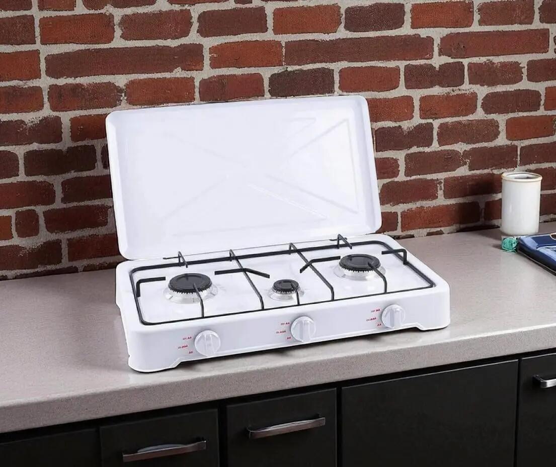 Cocina Hornillo de gas portatil con 3 quemadores, con tapa, manguera incluida 2/4