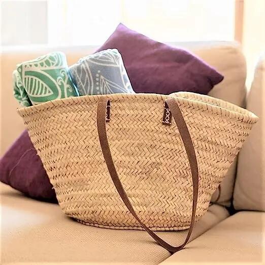 Cesta bolso bandolero de playa, capazo de palma con asas largas 5/6