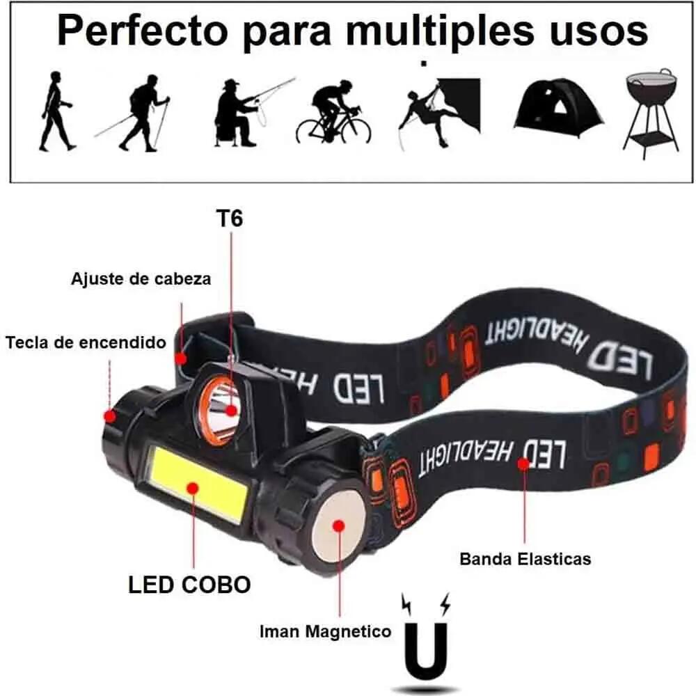 Lanterna de cabeça LED XPE T6 + holofote recarregável à prova de água LED COB 2/6
