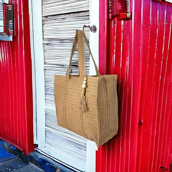 Bolso de hombro tejido a mano con paja ratán cartera Bandolera Crossbody 4/7