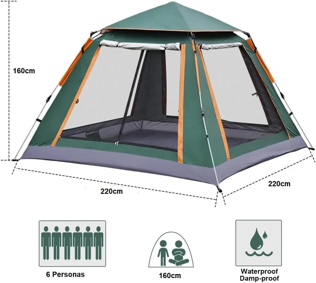Tenda dobrável impermeável para 6 pessoas rede mosquiteira e bolsa de transporte 5/7
