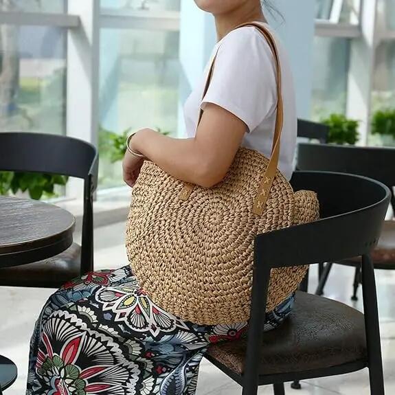 Bolsa de ombro em palha de rattan entrançada à mão, bolsa a tiracolo de verão 4/7