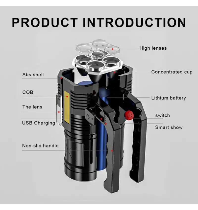 Linterna de mano con luz 4x LED Q5 CREE + COB Recargable lampara USB 7/7