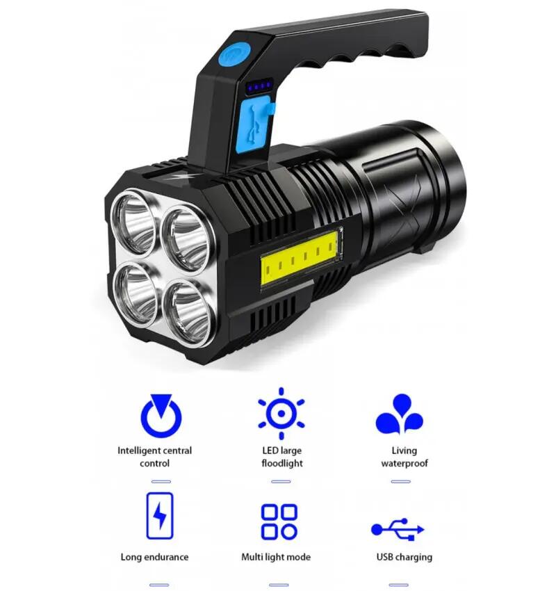 Linterna de mano con luz 4x LED Q5 CREE + COB Recargable lampara USB 5/7