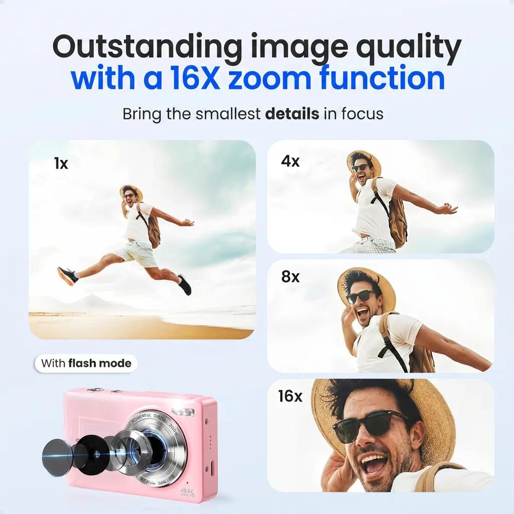 Digitale Camera 4K 64MP – Dual Lens, 16x Zoom, 64GB SD – Roze 4/11