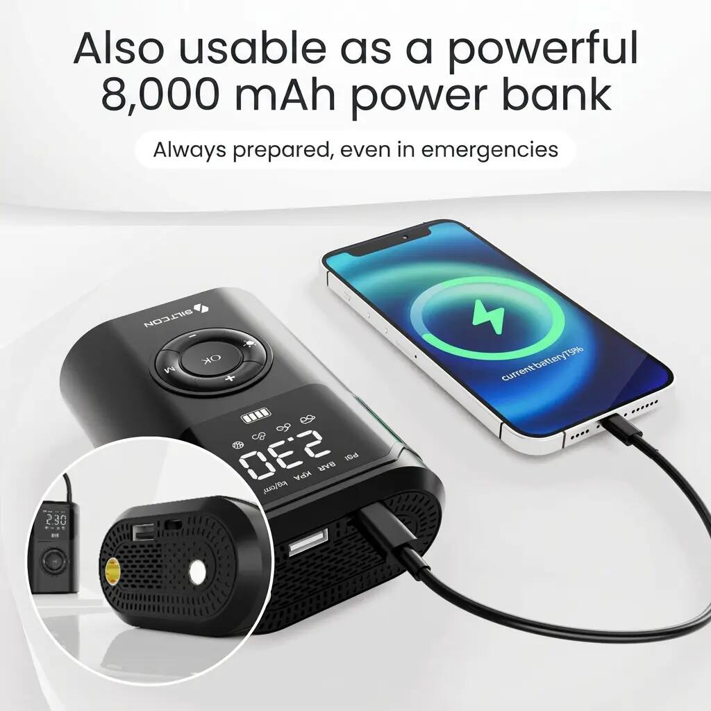Gonfleur électrique 10,5 bar 30 l/min batterie externe 8000 mAh 5/15
