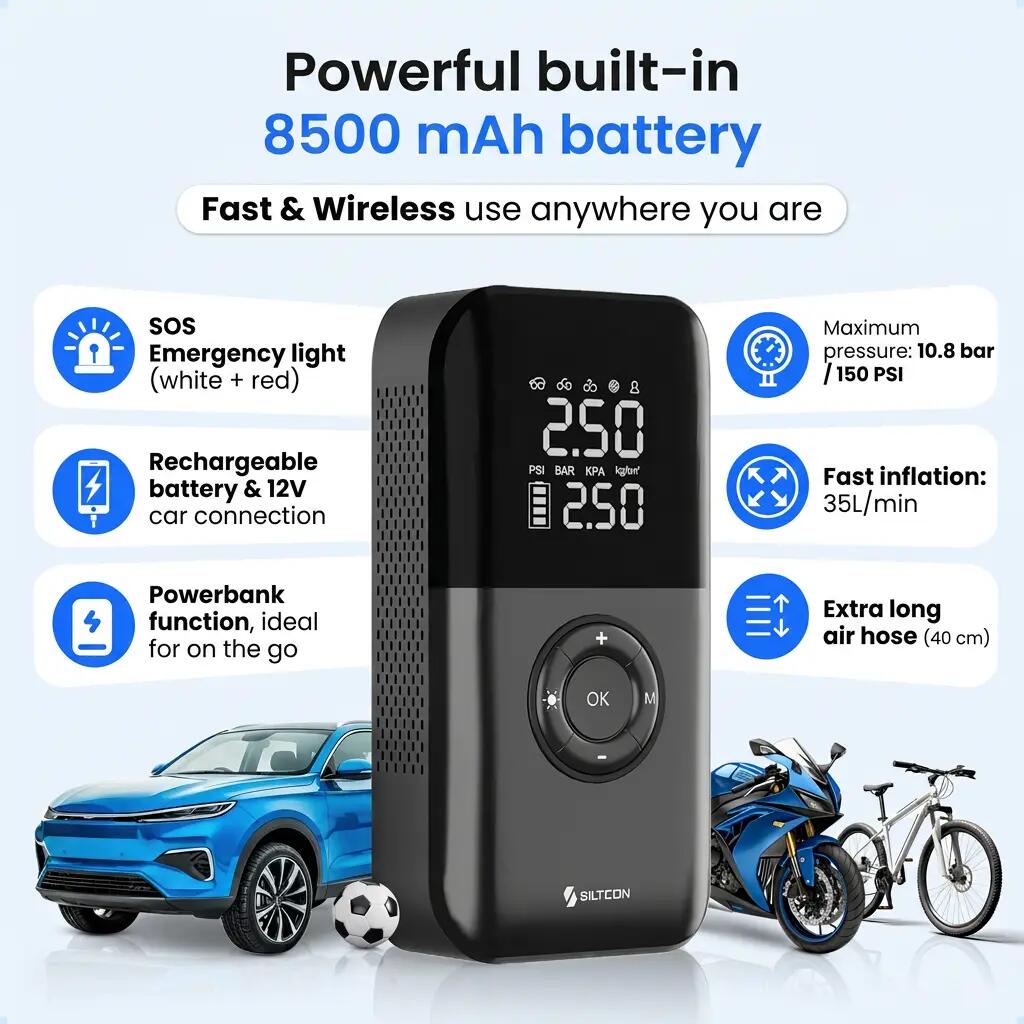Elektrische bandenpomp 10,8 bar 35 l/min powerbank 8500 mAh 5/14