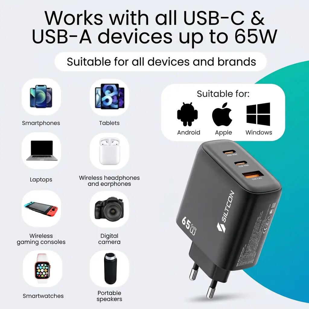 Snellader GaN 65W – 2x USB-C en USB-A 5/11