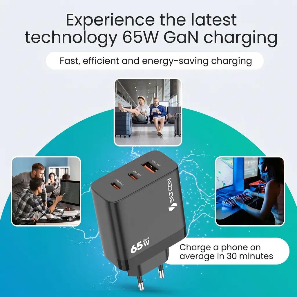 Snellader GaN 65W – 2x USB-C en USB-A 4/11