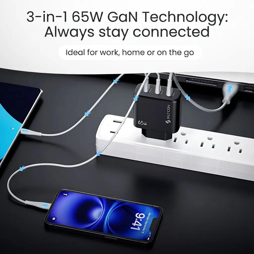Snellader USB-C 65 W GaN 2x USB-C 1x USB-A kabel 2 m 3/13