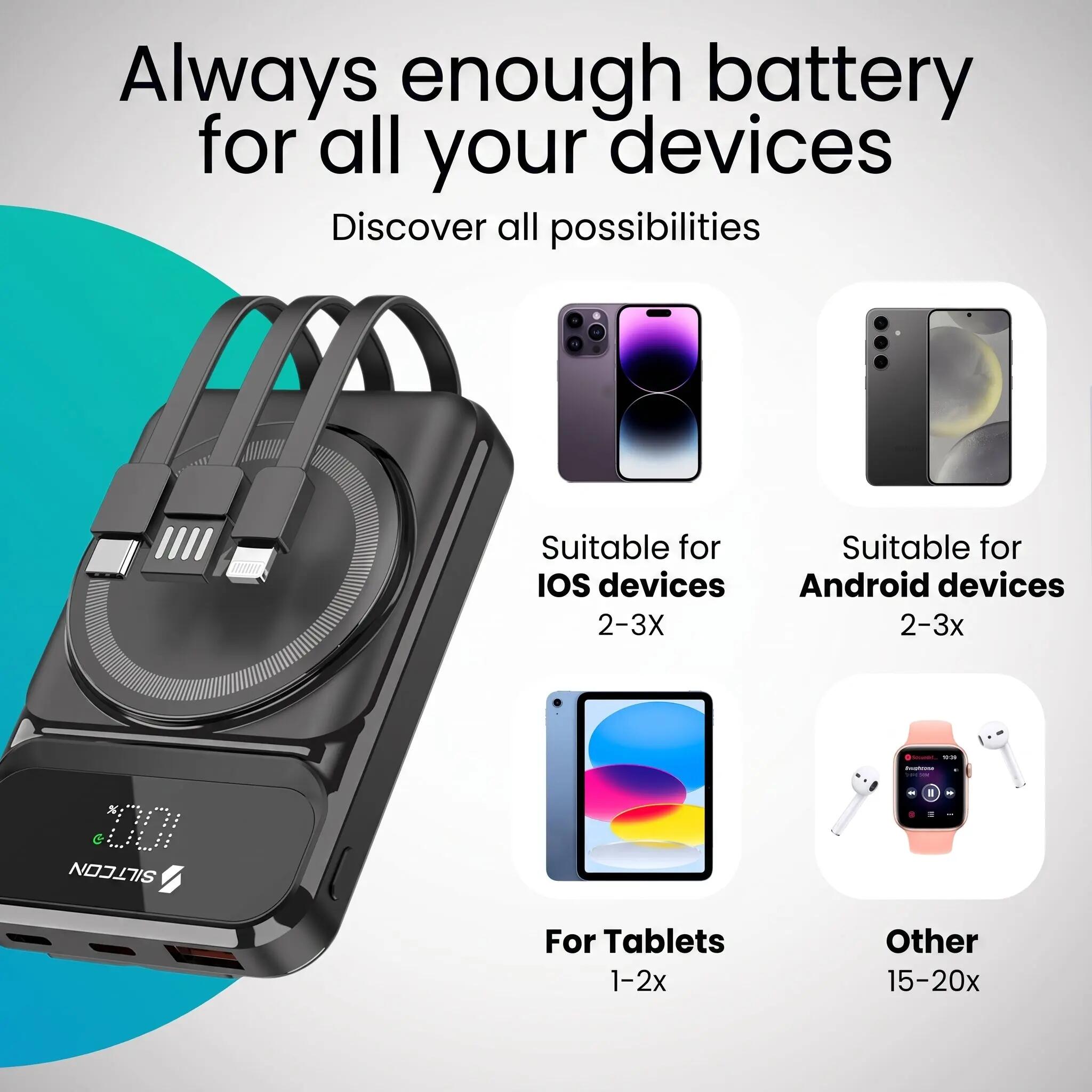 Batterie externe Siltcon MagSafe 10 000 mAh 15 W sans fil USB-C 22,5 W noire 5/12
