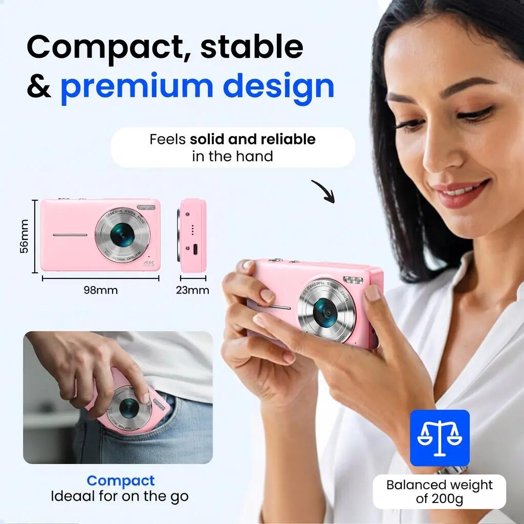 Digitale Camera 4K 64MP – Dual Lens, 16x Zoom, 64GB SD – Roze 10/11