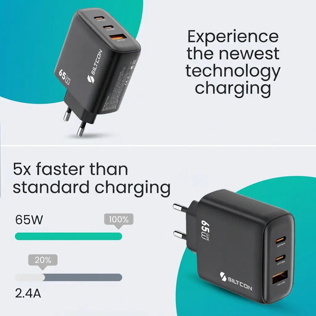 Snellader USB-C 65 W GaN 2x USB-C 1x USB-A kabel 2 m 10/13