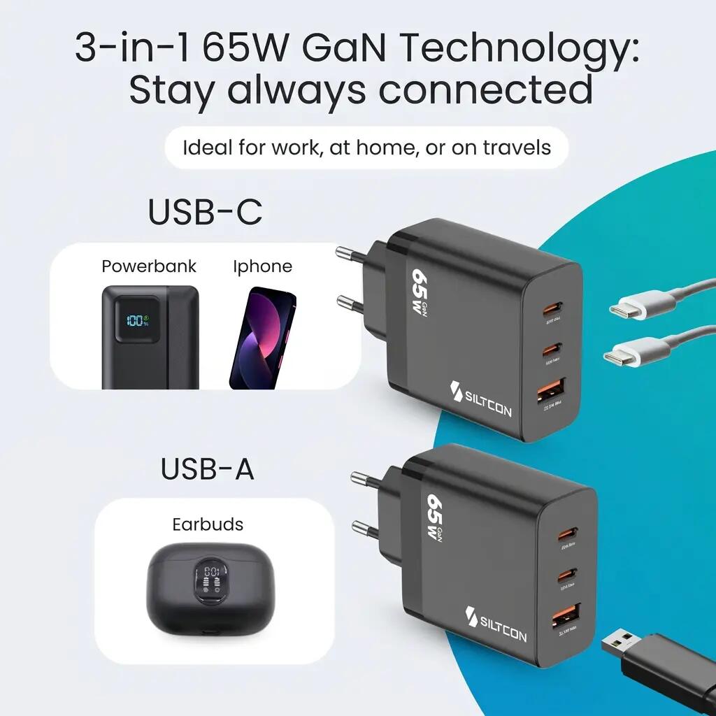 Snellader GaN 65W – 2x USB-C en USB-A 10/11