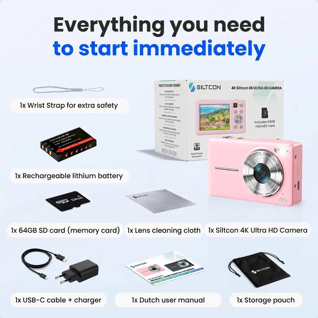 Digitale Camera 4K 64MP – Dual Lens, 16x Zoom, 64GB SD – Roze 9/11