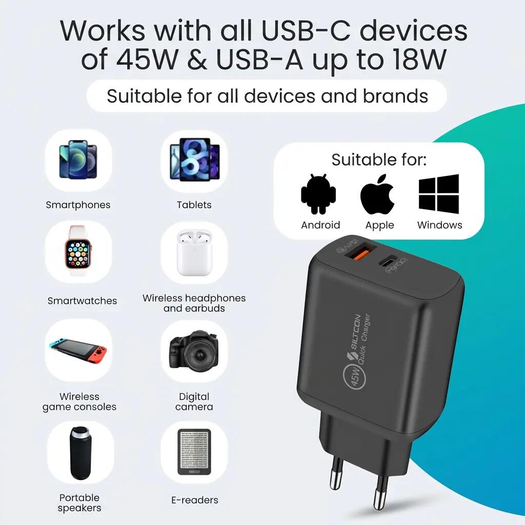 Snellader 45W – USB-C, USB-A 18W en 2m Kabel 9/11