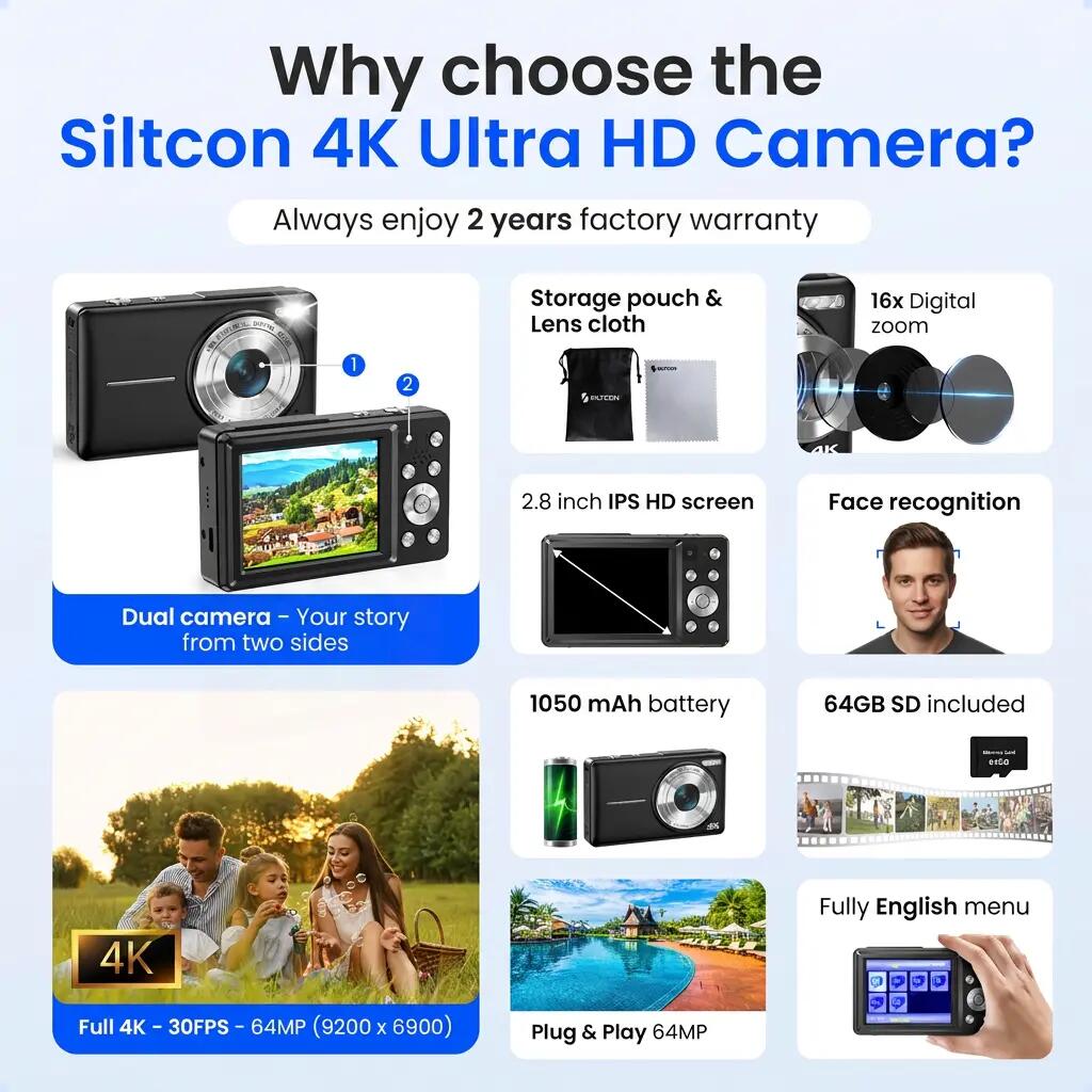 Digitalkamera 4K 64 MP Dual-Kamera 16x Zoom 64 GB schwarz 9/14
