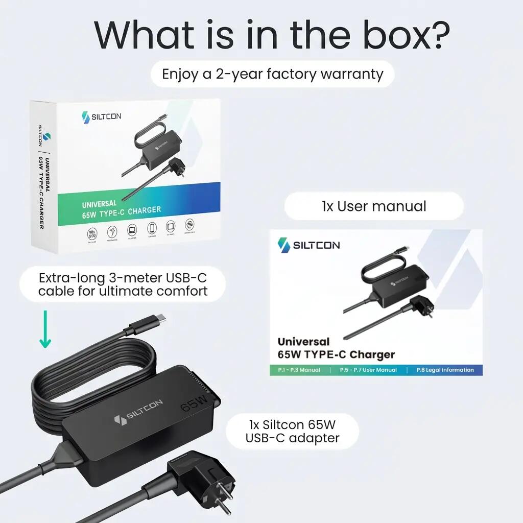 Laptopoplader USB-C 65W – 3m Kabel 10/14