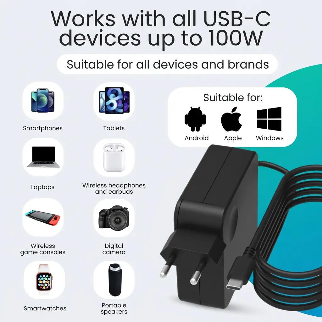 Oplader USB-C 100W V2 – Laptop, Tablet en Telefoon – 2m Kabel 9/11
