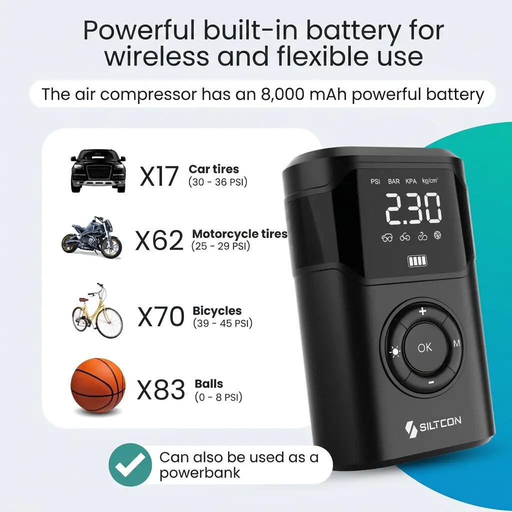 Gonfleur électrique 10,5 bar 30 l/min batterie externe 8000 mAh 8/15