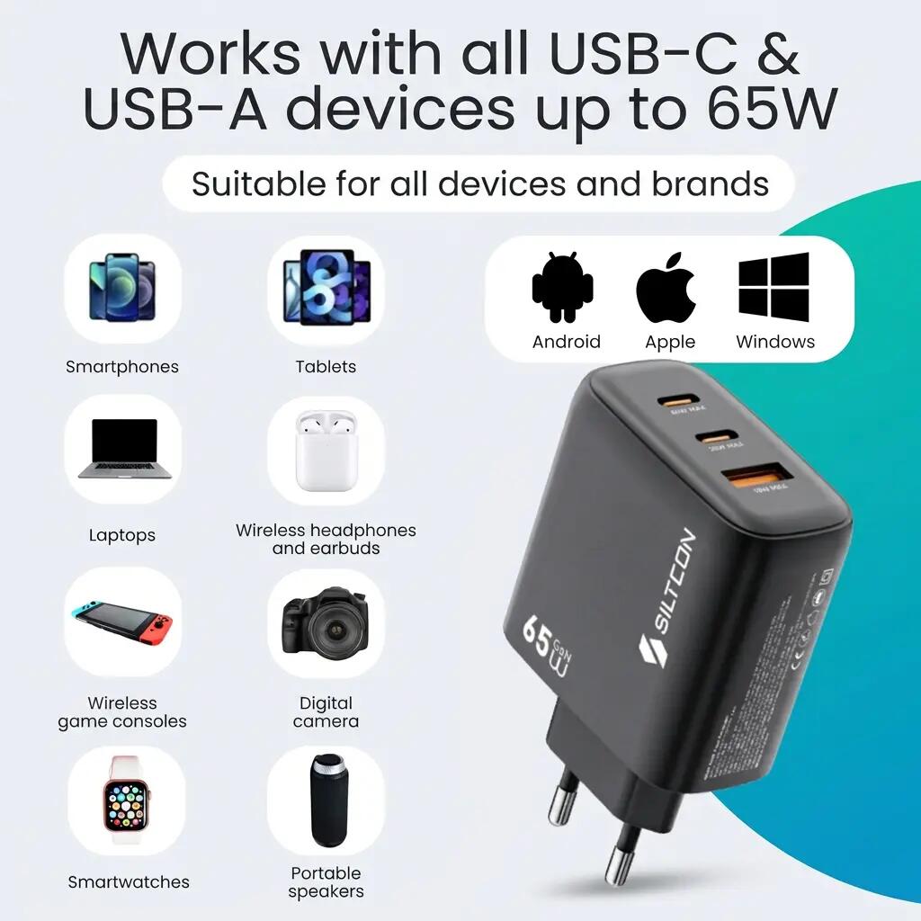 Snellader USB-C 65 W GaN 2x USB-C 1x USB-A kabel 2 m 7/13