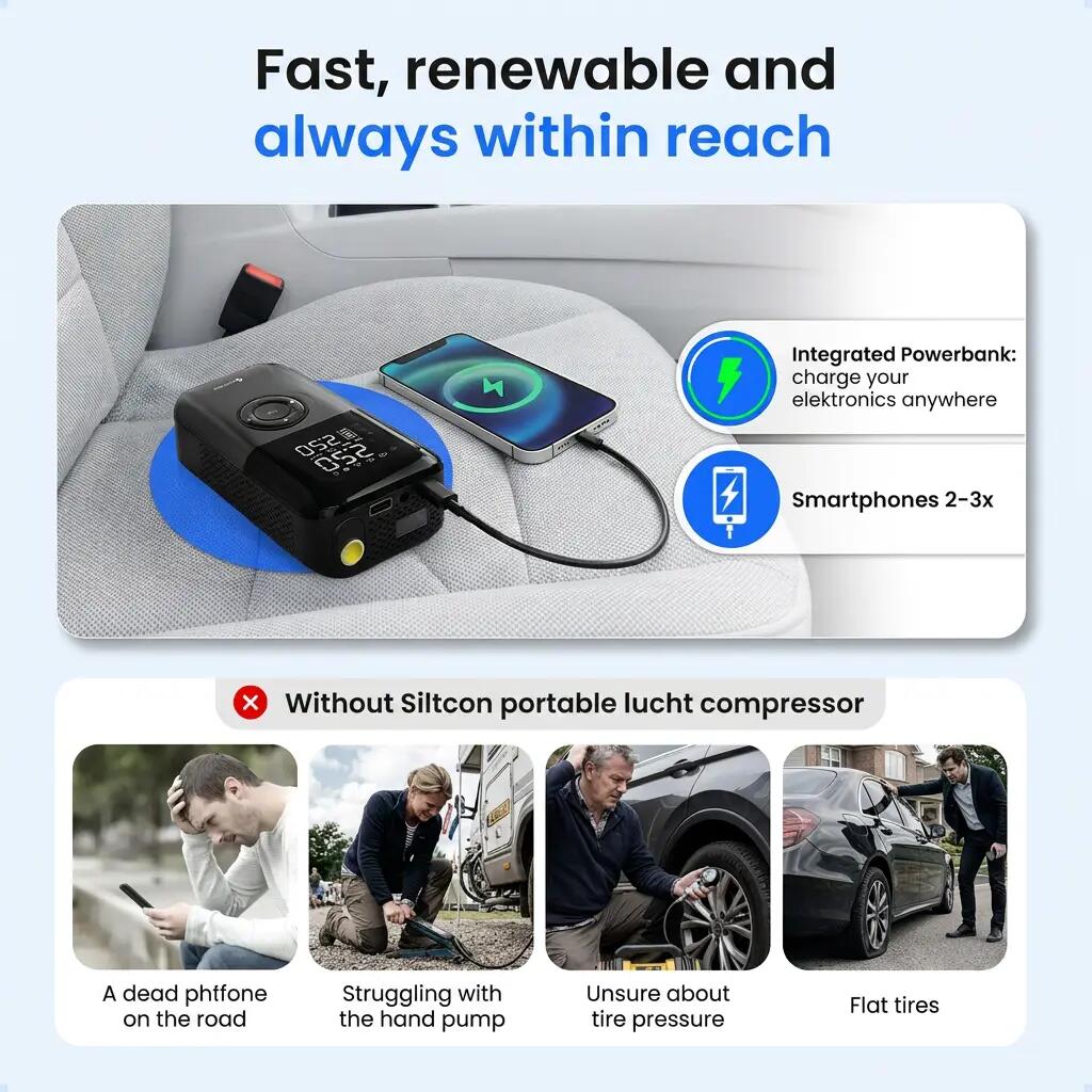 Elektrische bandenpomp 10,8 bar 35 l/min powerbank 8500 mAh 7/14