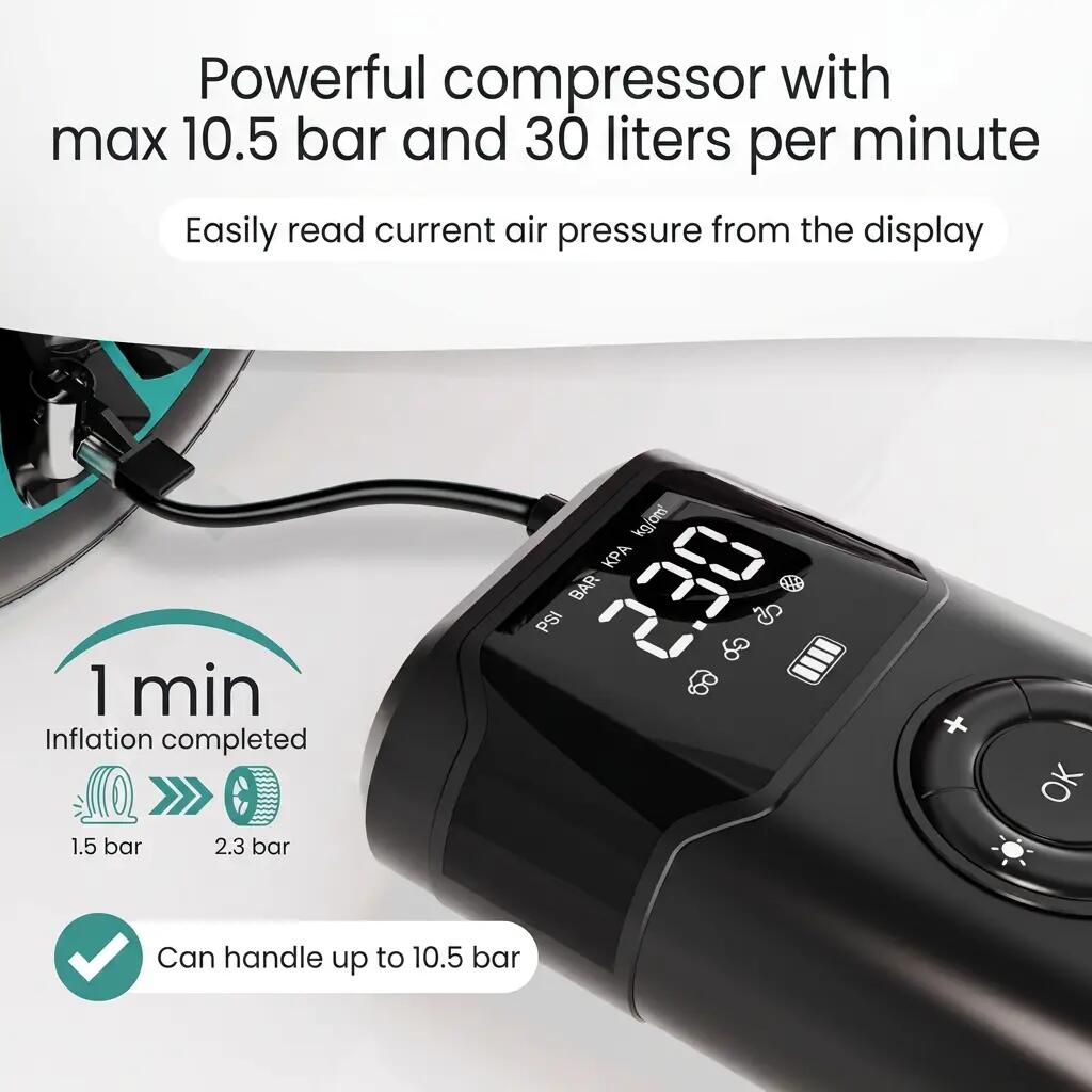 Gonfleur électrique 10,5 bar 30 l/min batterie externe 8000 mAh 7/15
