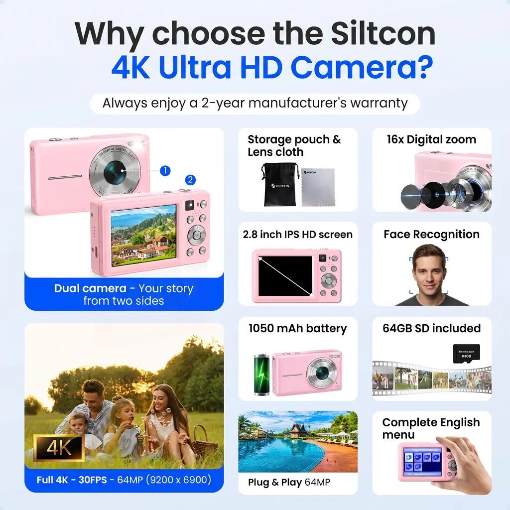 Digitale Camera 4K 64MP – Dual Lens, 16x Zoom, 64GB SD – Roze 6/11