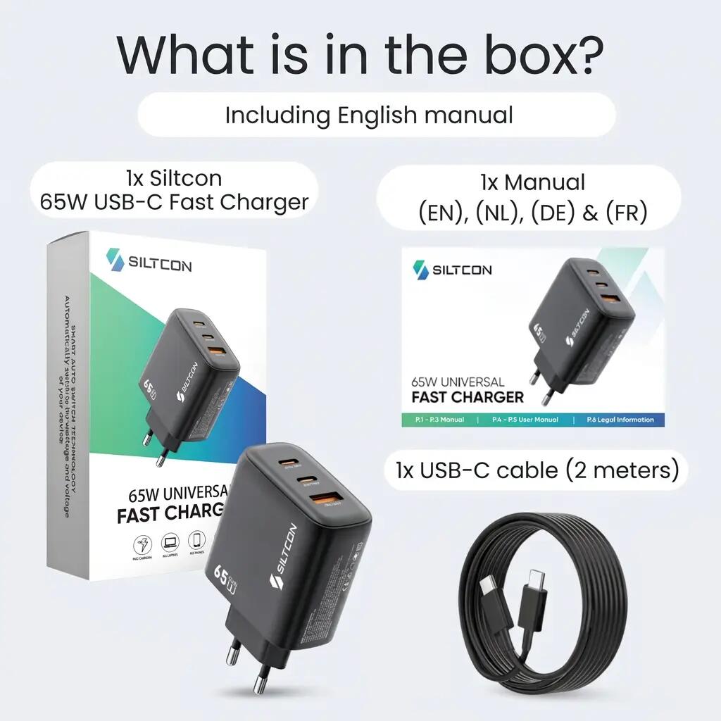 Snellader USB-C 65 W GaN 2x USB-C 1x USB-A kabel 2 m 6/13