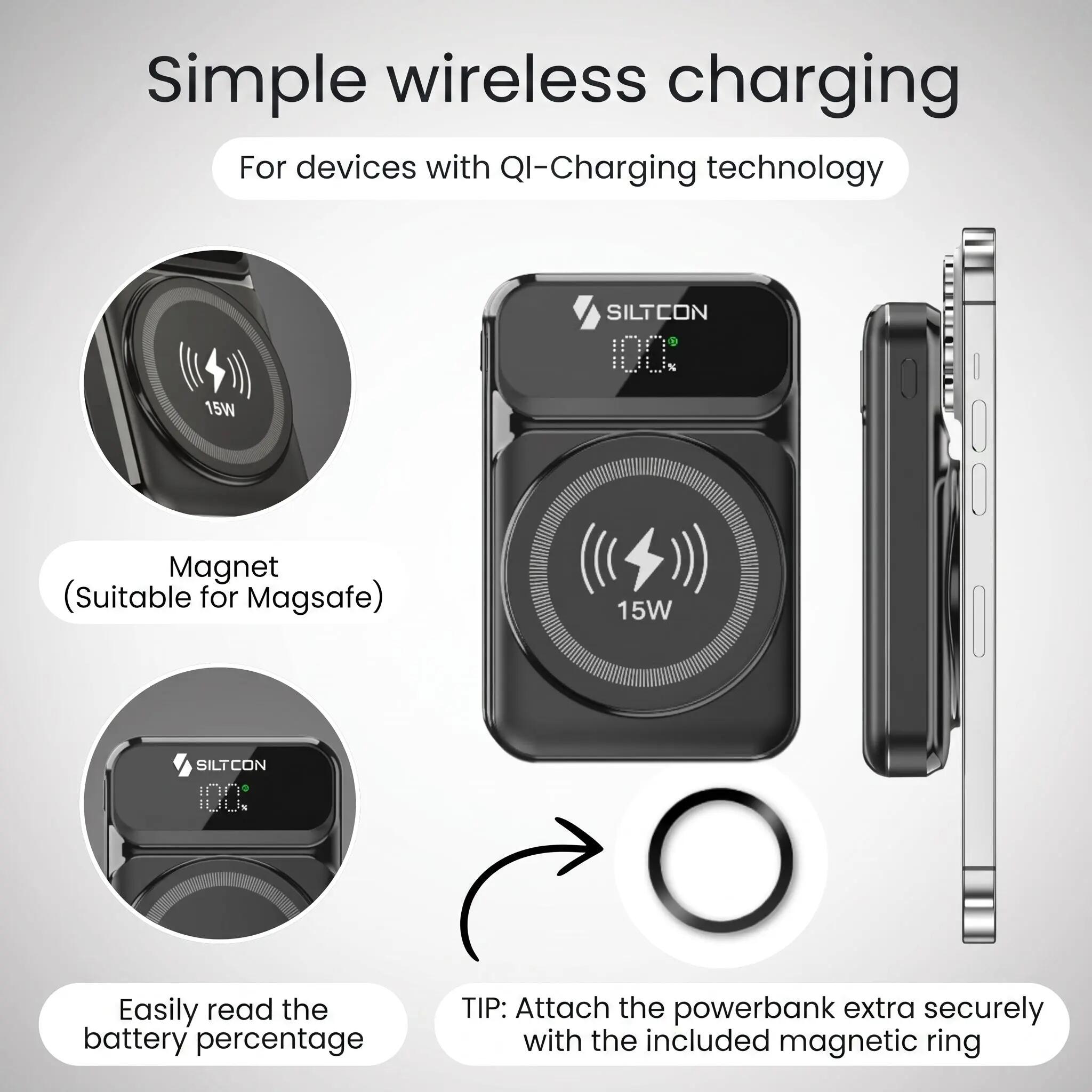 Batterie externe Siltcon MagSafe 10 000 mAh 15 W sans fil USB-C 22,5 W noire 10/12