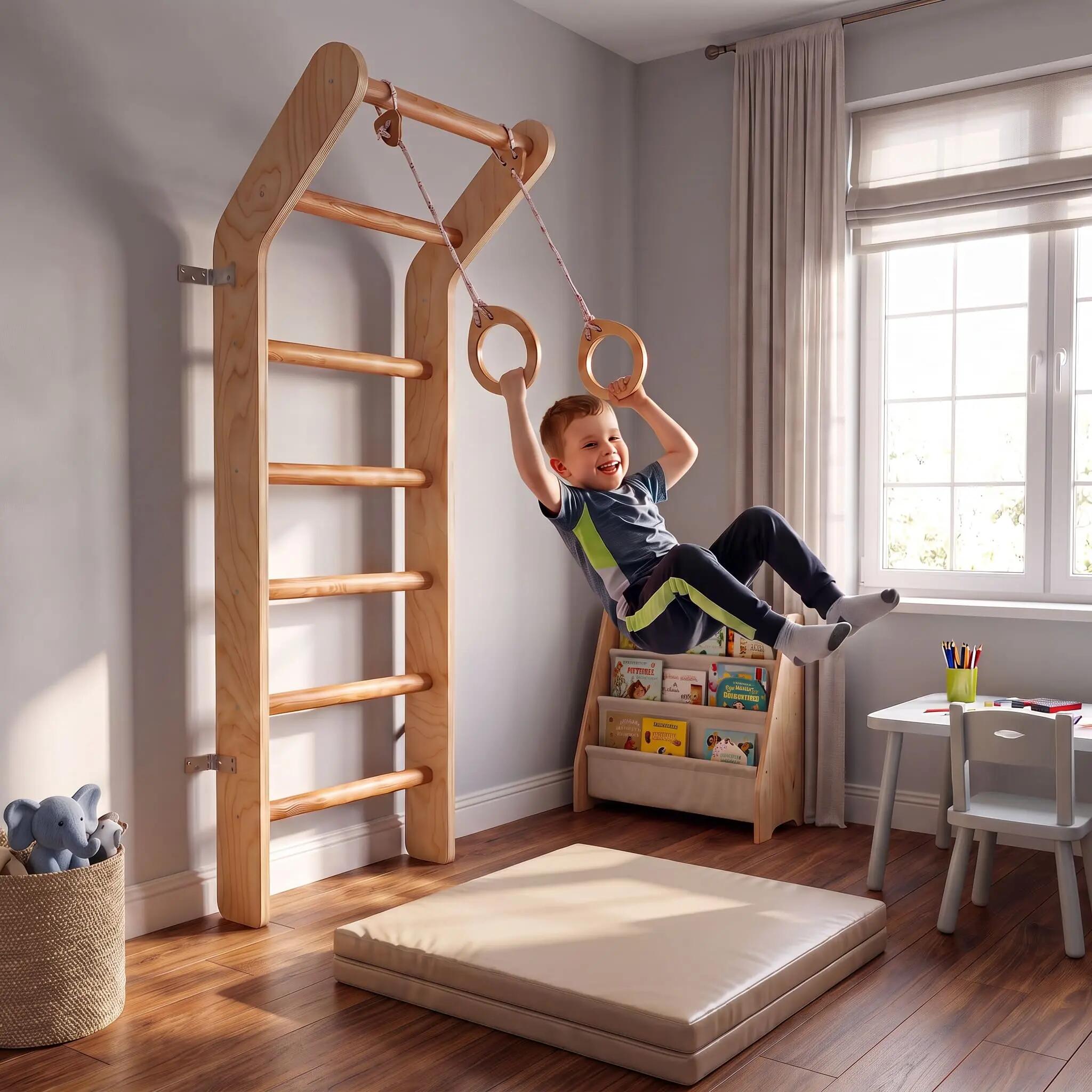 Kinderen Gymnastiek Binnenspeeltuin Houten Klimrek Toddler Natuurlijk Hout 2/7