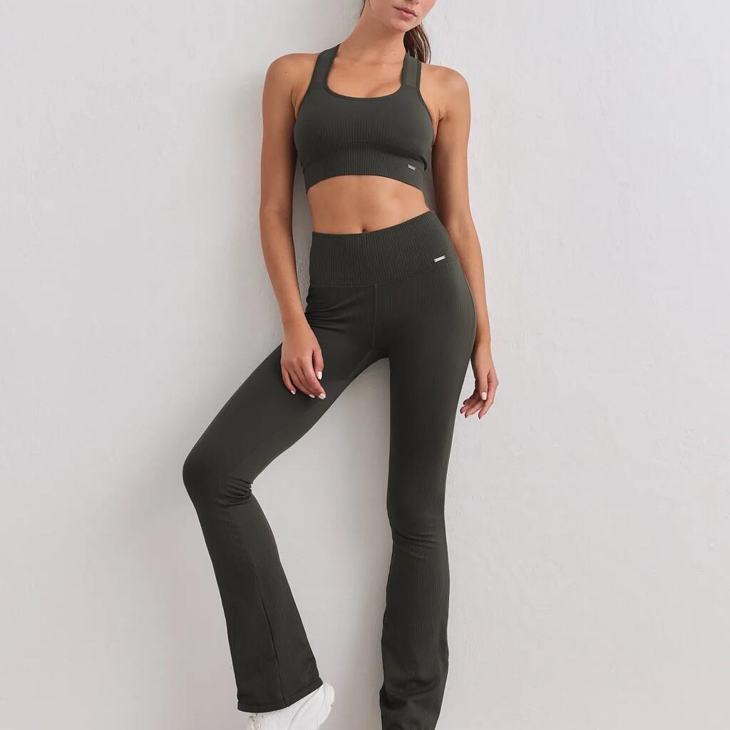 Women's Tights Ribbed Seamless High-Waisted Flare Tall Dark Green