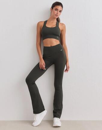 Femme Legging Côtelé Sans Coutures Taille Haute Évasé Long Vert Foncé