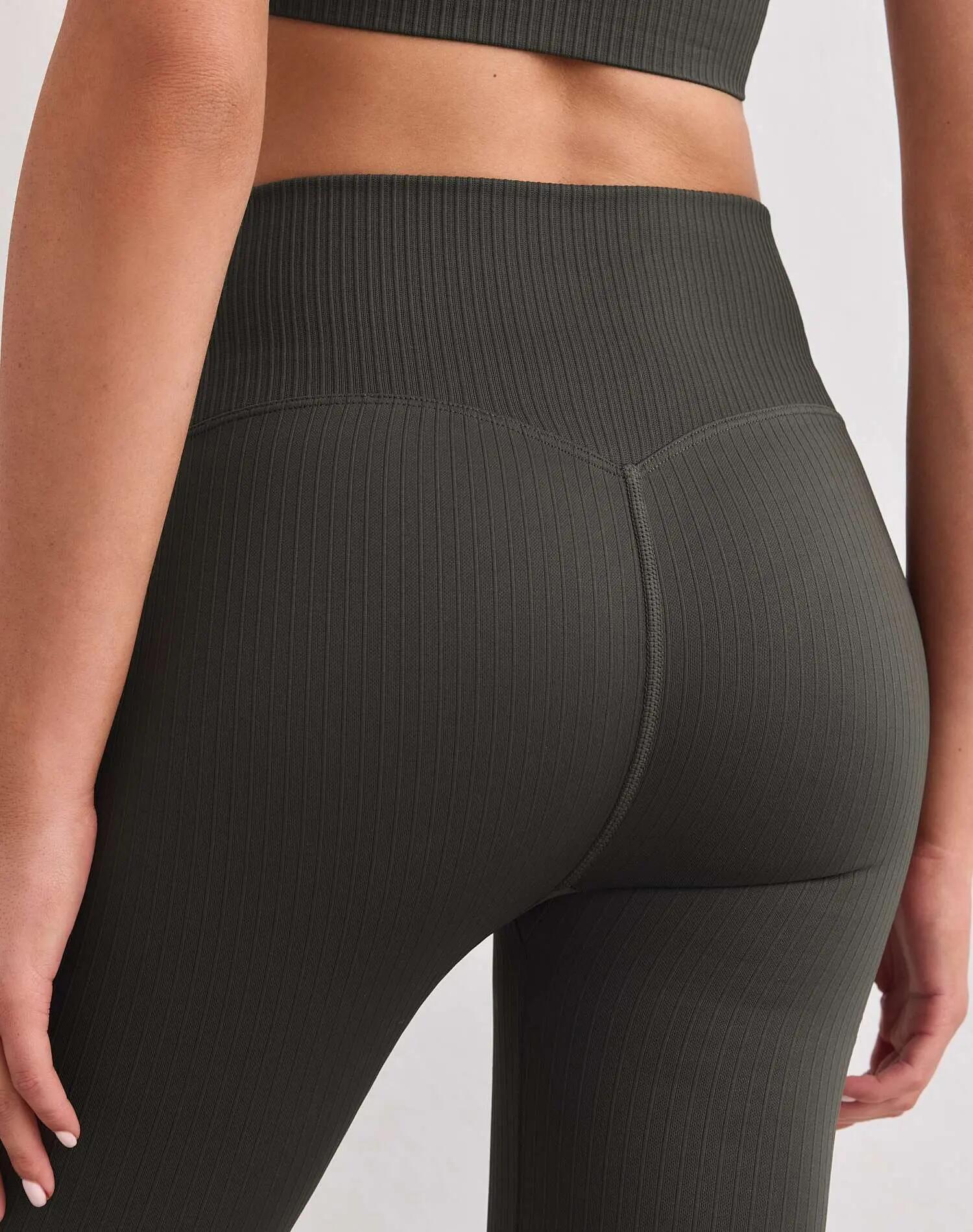 Femme Legging Côtelé Sans Coutures Taille Haute Évasé Long Vert Foncé 4/5