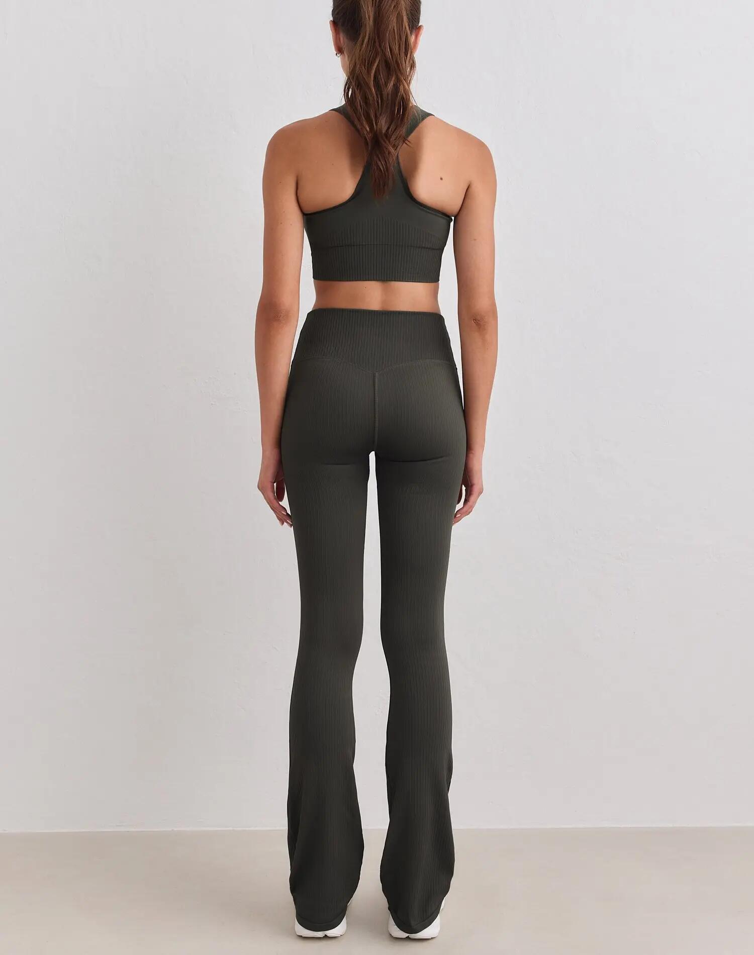 Femme Legging Côtelé Sans Coutures Taille Haute Évasé Long Vert Foncé 2/5