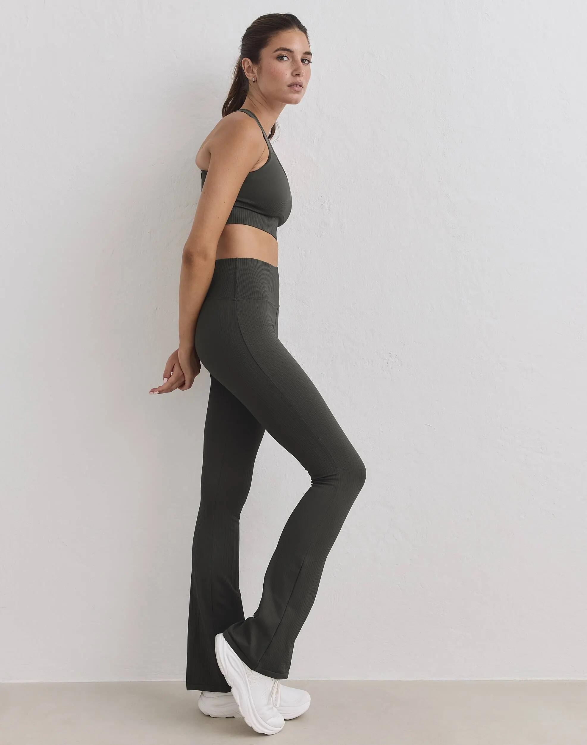 Mujer Mallas Acanaladas Sin Costuras Acampanadas Cintura Alta squat proof Verde 3/5