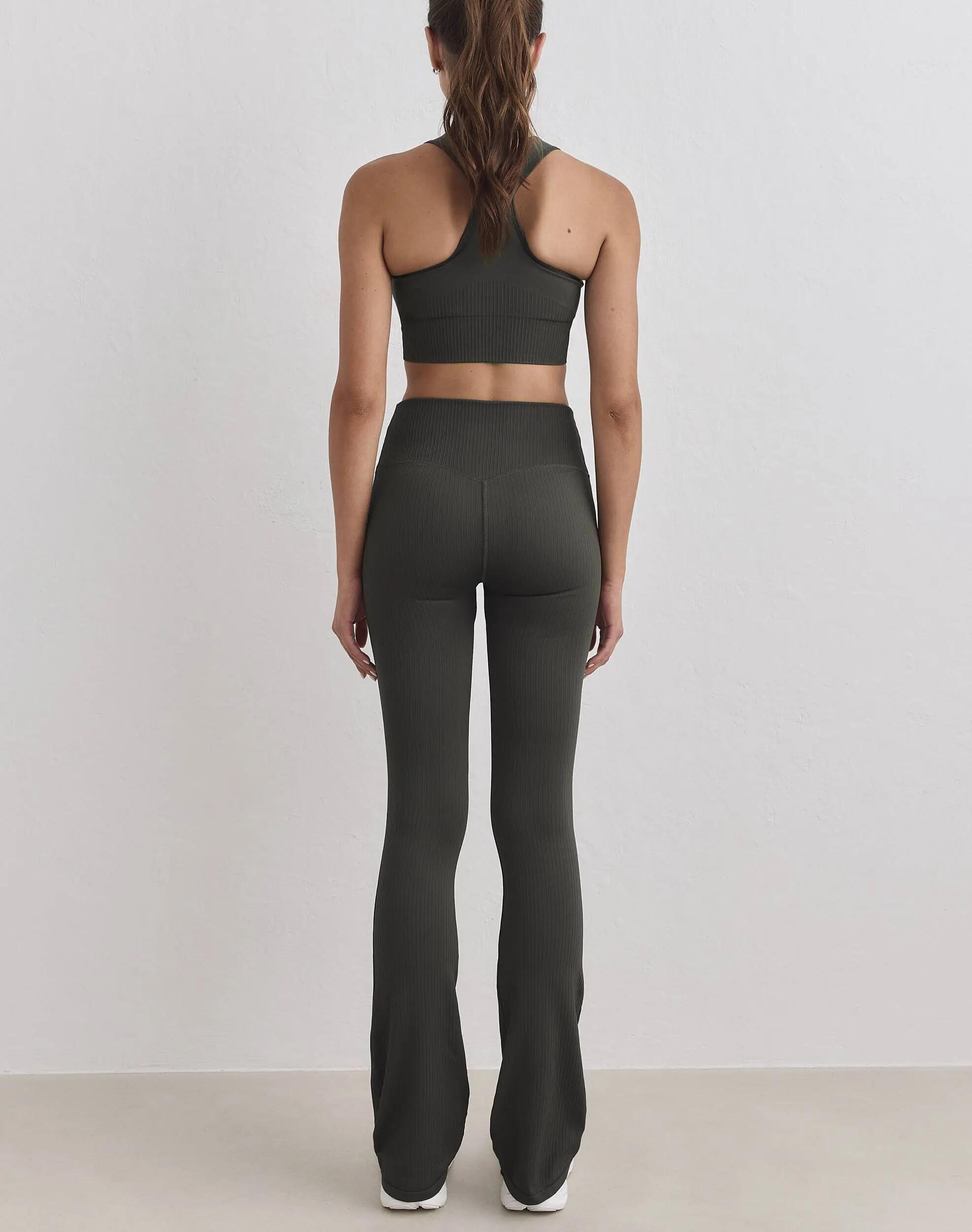 Mujer Mallas Acanaladas Sin Costuras Acampanadas Cintura Alta squat proof Verde 2/5