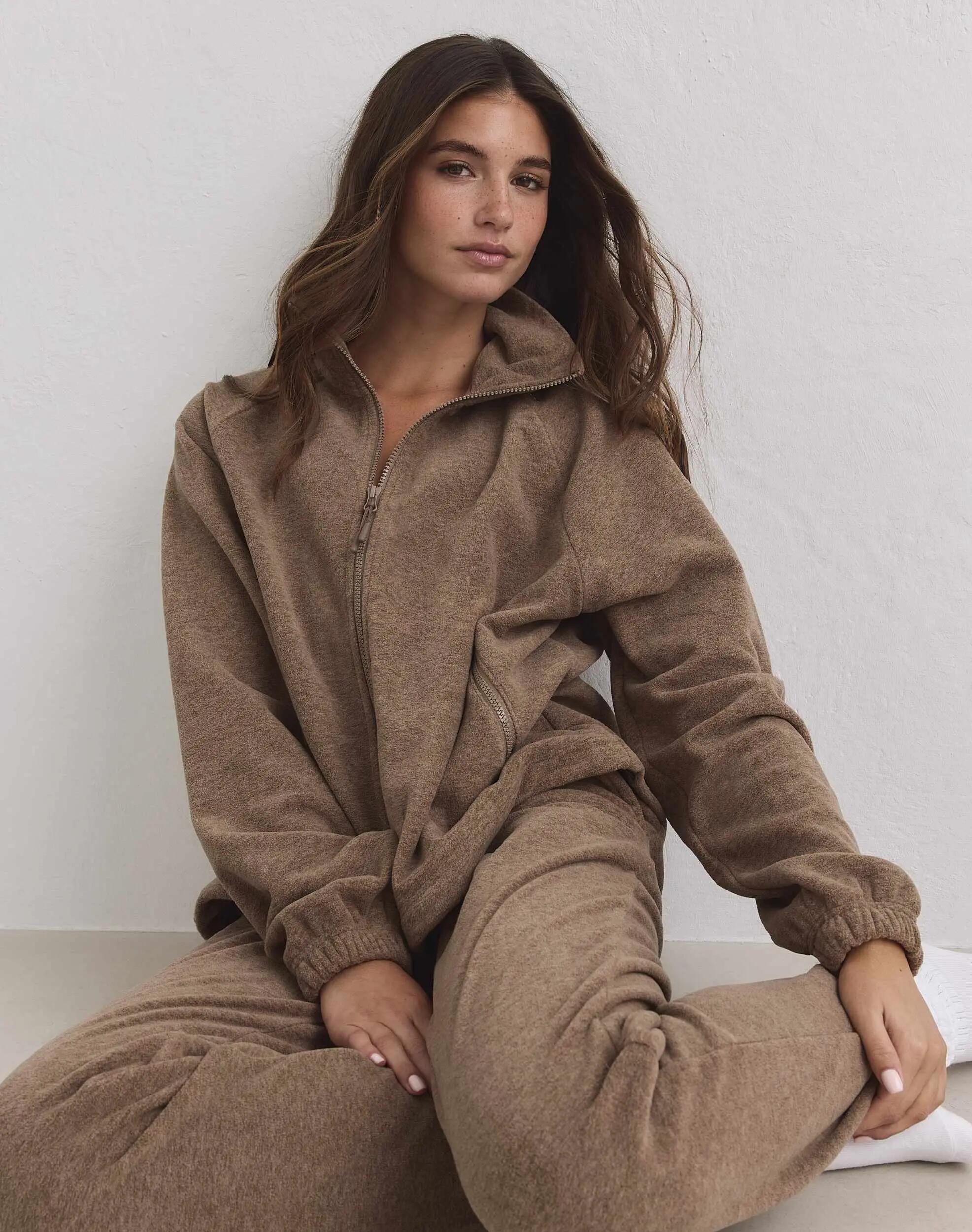 Damen Fleecejacke mit Reißverschluss Haselnuss 3/4
