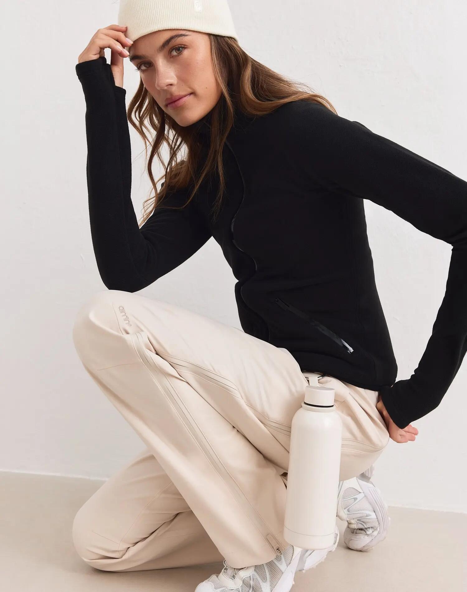 Damen Jacke Aus Elastischem Fleece mit Reißverschluss Schwarz 3/4