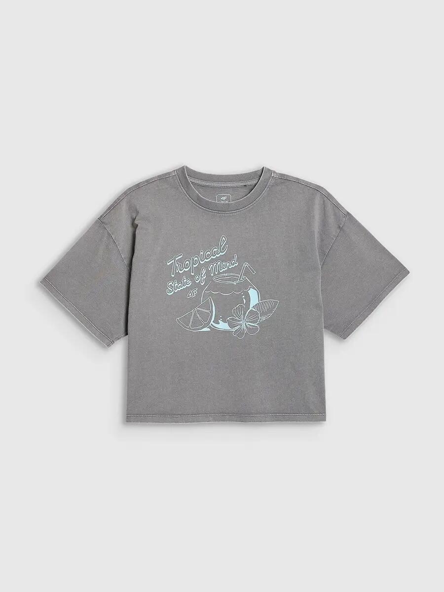 T-shirt loose crop top z nadrukiem dziewczęcy 4F 4FJRSS26TTSHF3983 5/6