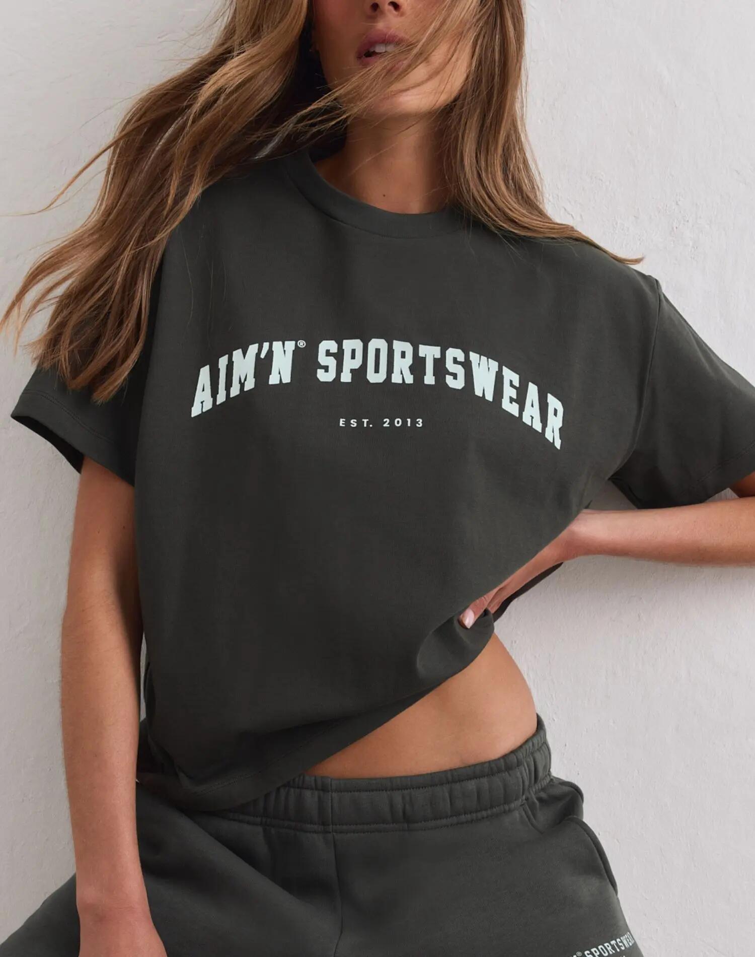 Dames T-shirt korte mouwen losvallend katoen Varsity donker klimopgroen 4/4