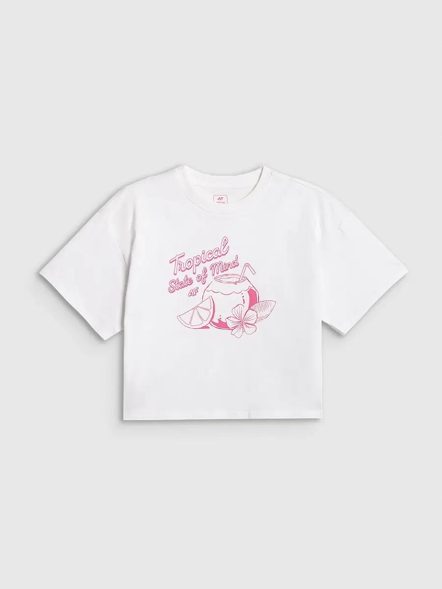 T-shirt loose crop top z nadrukiem dziewczęcy 4F 4FJRSS26TTSHF3983 5/6