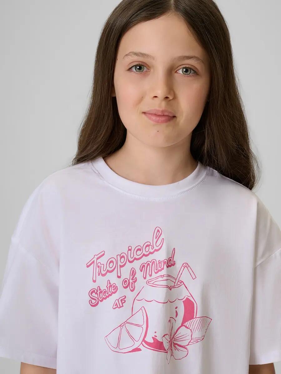 T-shirt loose crop top z nadrukiem dziewczęcy 4F 4FJRSS26TTSHF3983 4/6