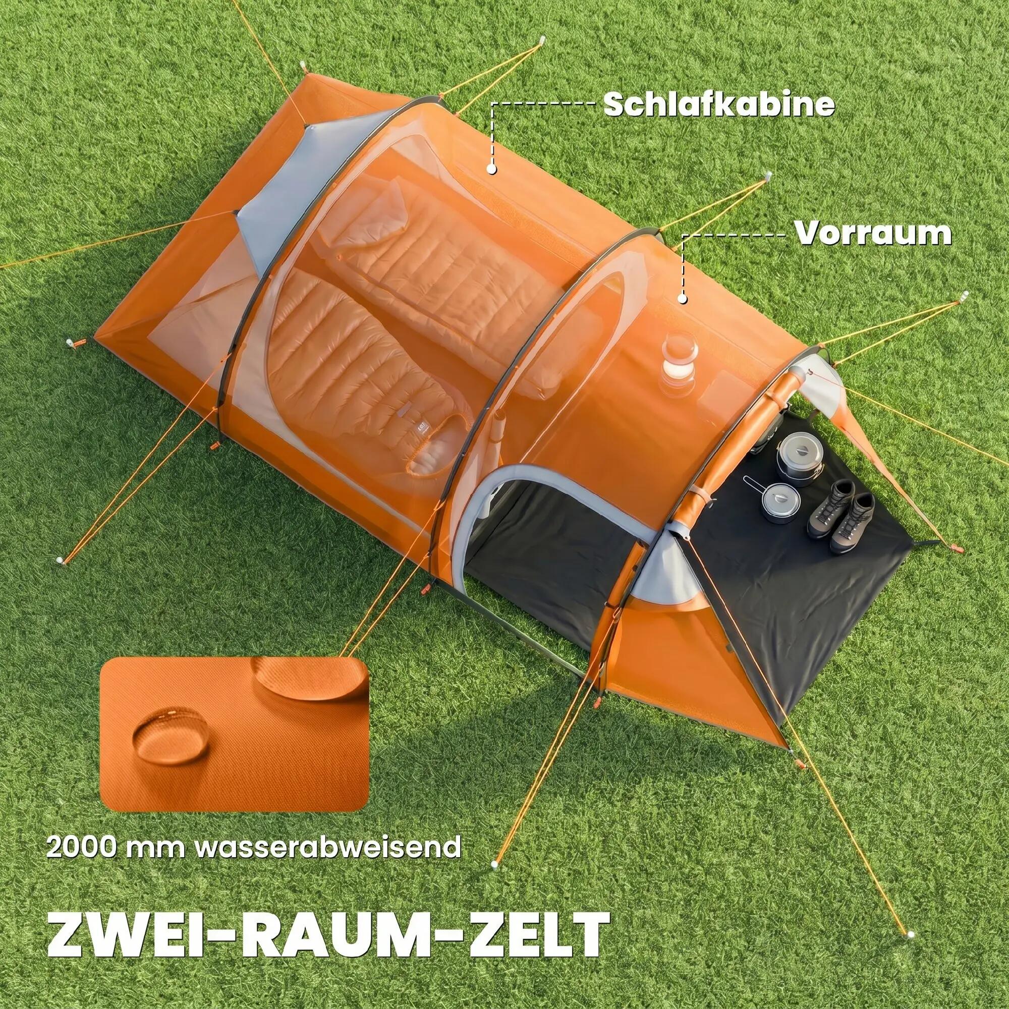 Tente tunnel - 2 personnes - Vestibule, crochet lampe - Orange 6/6
