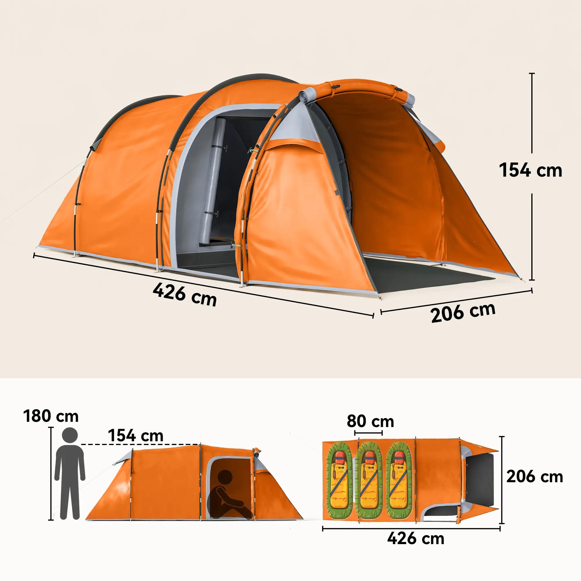 Tente tunnel - 2 personnes - Vestibule, crochet lampe - Orange 5/6