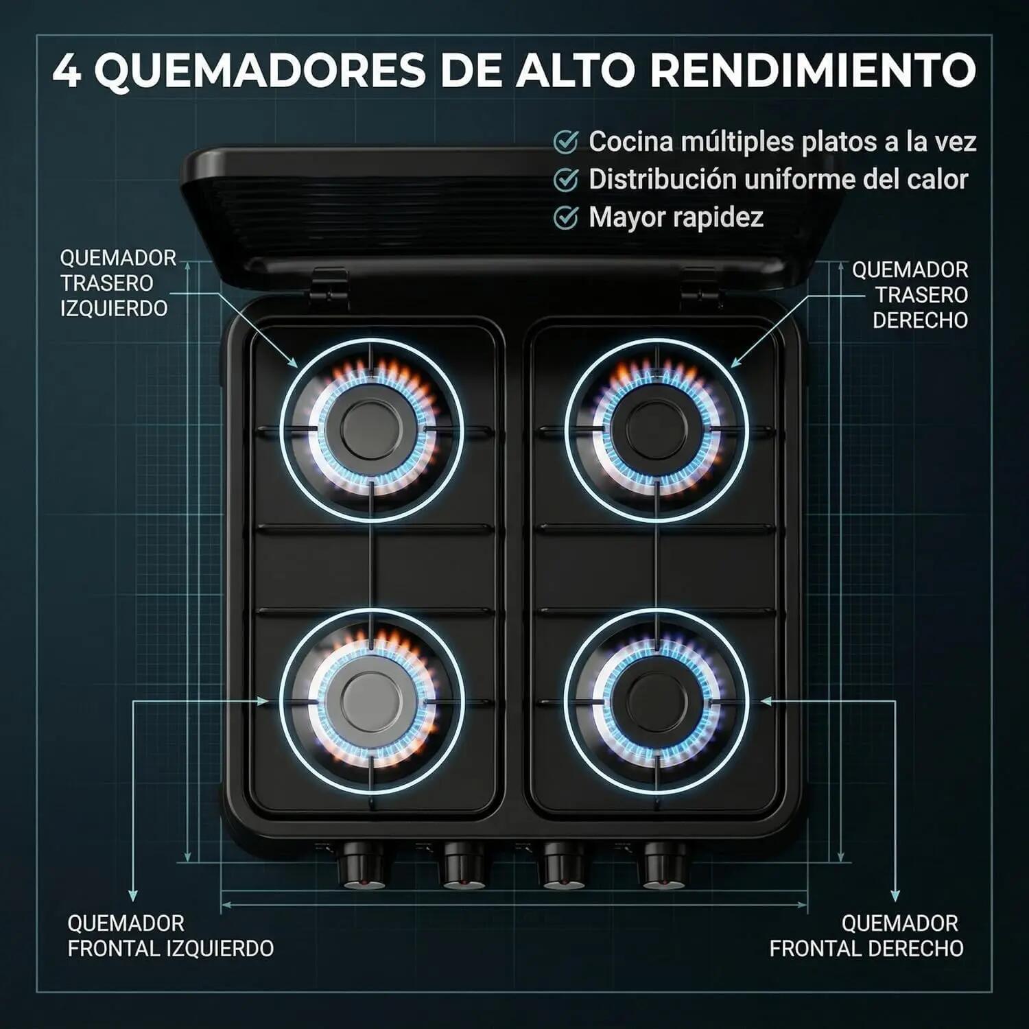 Cocina Hornillo de gas portatil 8,8kw, 4 quemadores y tapa, manguera de presión 5/7